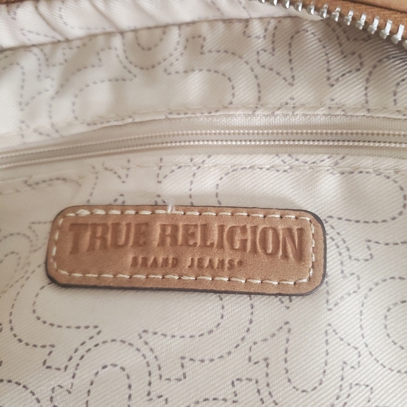 True Religion Suede PU Hobo Crossbody Bag Tan Adjustable Strap Zip Top Y2k Urban - Picture 14 of 15